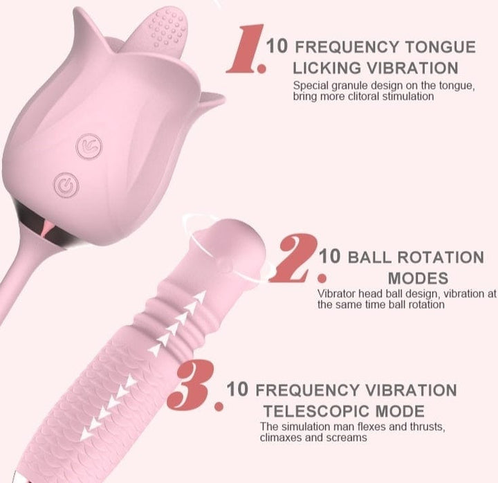 3-in-1 Blooming Sexy Pink Rose Toy Rotating Pearls Telescopic Tongue-licking Vibrator