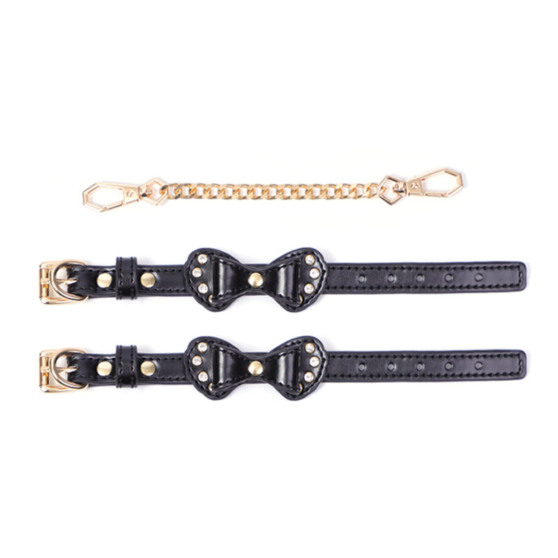 BDSM Rhinestone Bow - Shaped PU Leather SM Handcuffs With Chain