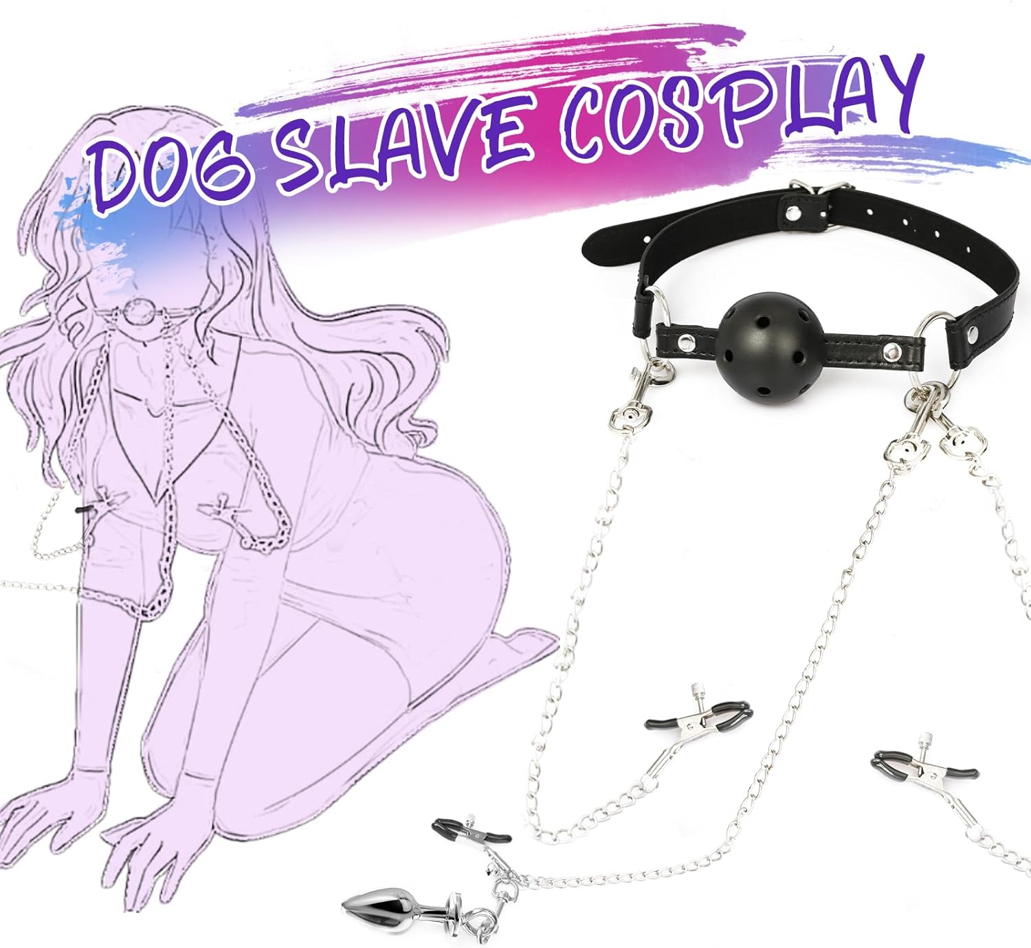 BDSM Bondaged Restraints Ball Gag Nipple Clitoris Clamp Anal Plug Set