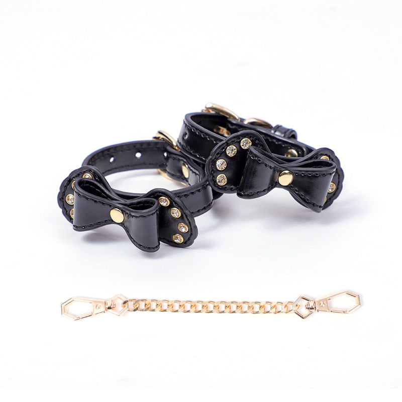BDSM Rhinestone Bow - Shaped PU Leather SM Handcuffs With Chain