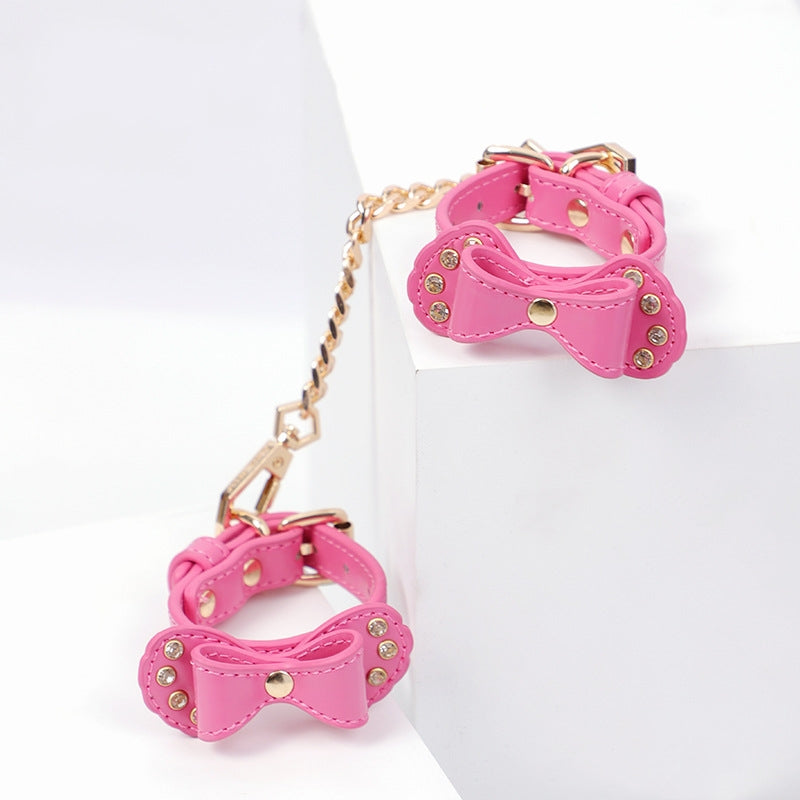 BDSM Rhinestone Bow - Shaped PU Leather SM Handcuffs With Chain