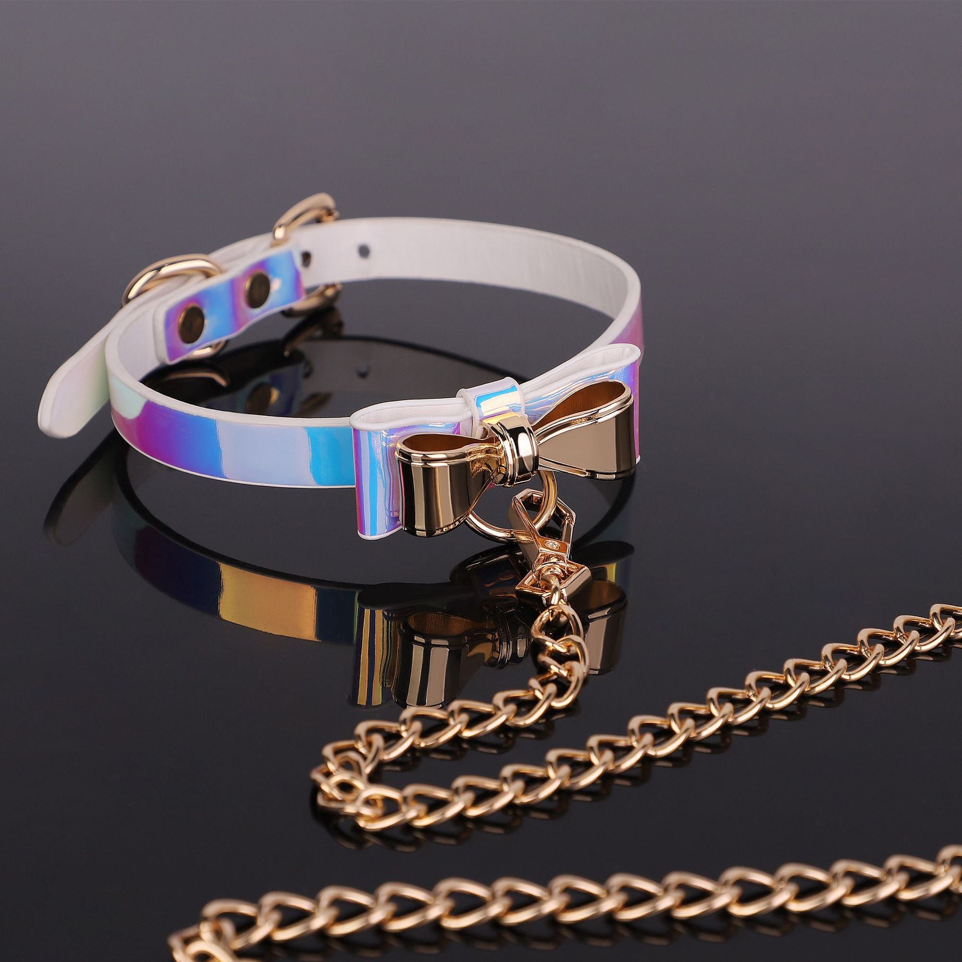 SM Gold Bow Iridescent Collar With Leash Suit