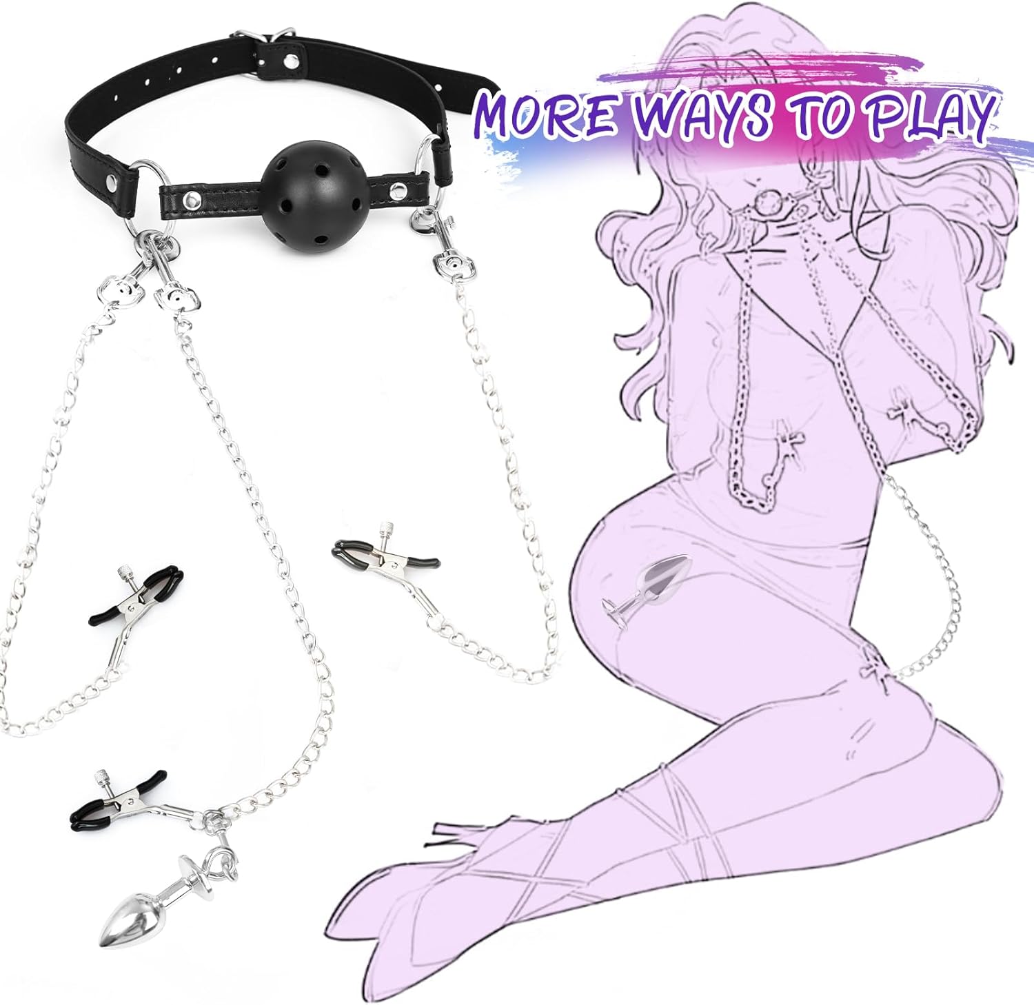 BDSM Bondaged Restraints Ball Gag Nipple Clitoris Clamp Anal Plug Set