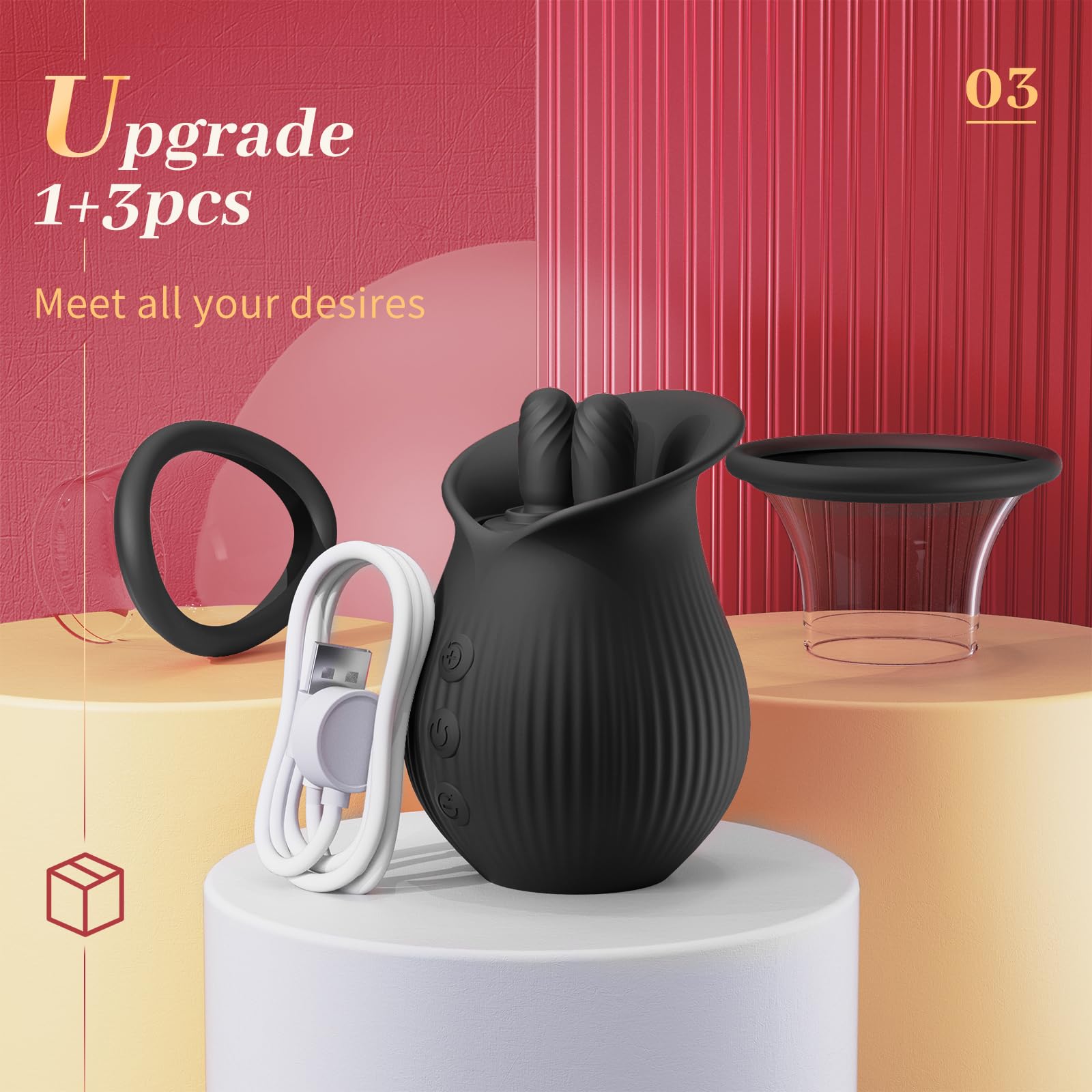 Rose Romeo - 3in1 Rose Sex Toy with 2 Suction Cups Adult Toys Female Clitoral Nipple Vibrators with 10 Licking Sucking Vibrating