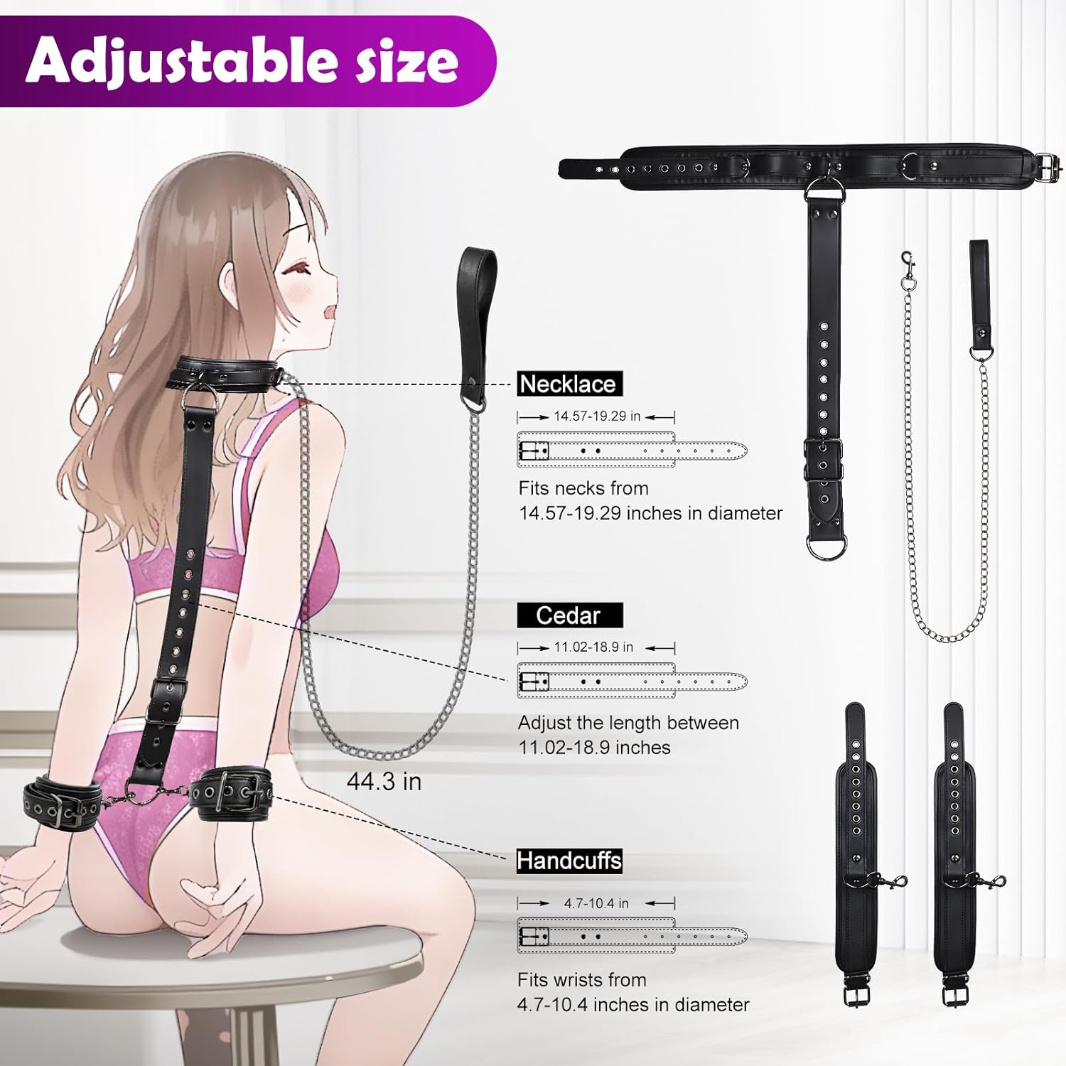 BDSM Bondage Neck to Wrist Restraints Kit with Traction Chain