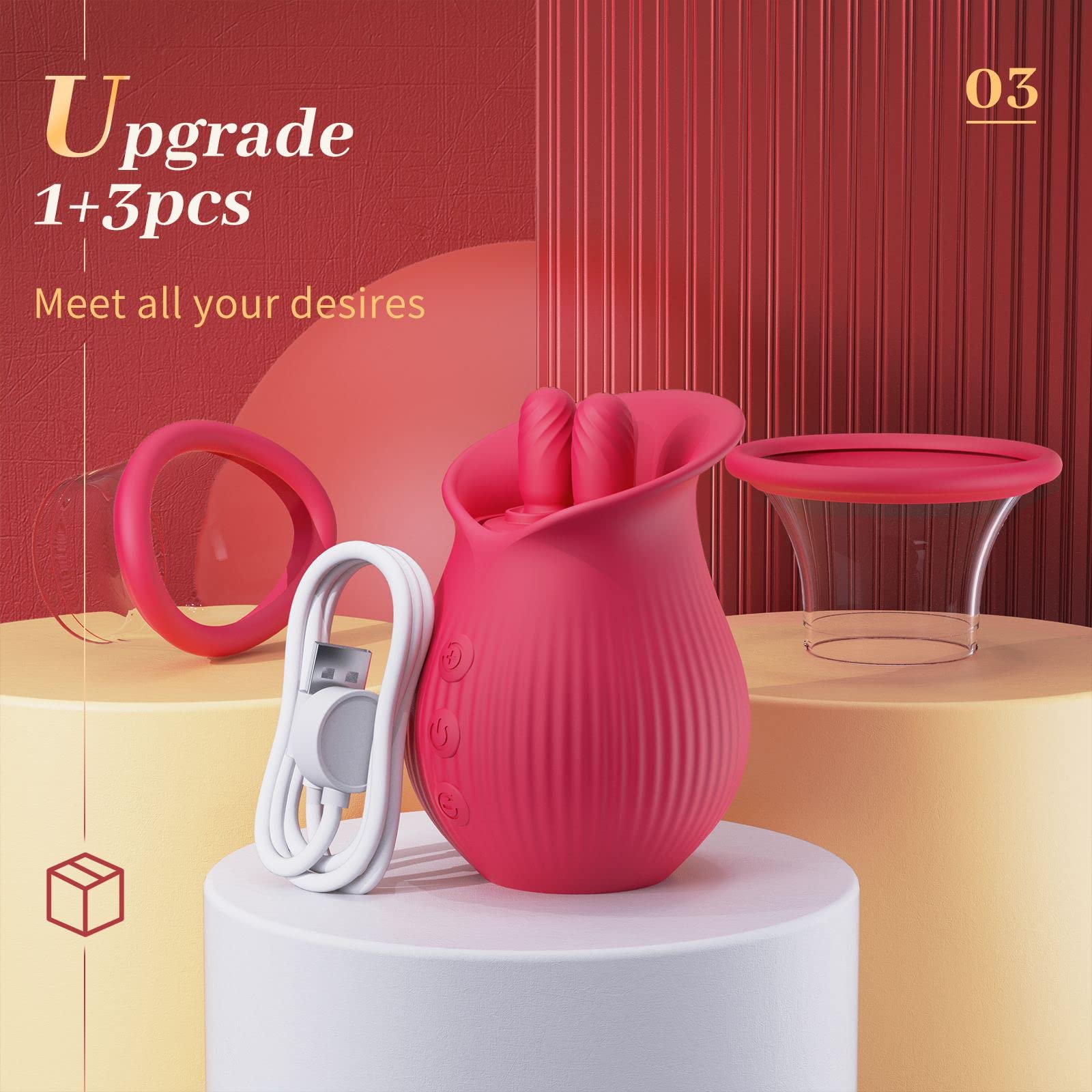 Rose Romeo - 3in1 Rose Sex Toy with 2 Suction Cups Adult Toys Female Clitoral Nipple Vibrators with 10 Licking Sucking Vibrating