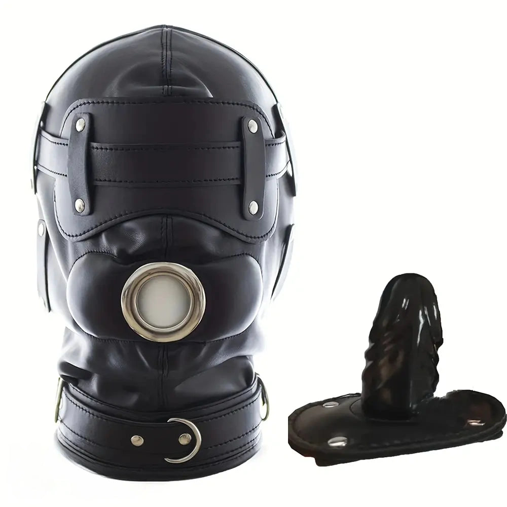 1.96in Black Leather BDSM Hood With Removable Blindfold Mouth Gag Dildo