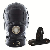 1.96in Black Leather BDSM Hood With Removable Blindfold Mouth Gag Dildo