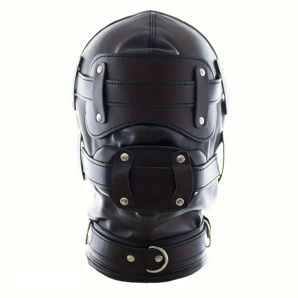1.96in Black Leather BDSM Hood With Removable Blindfold Mouth Gag Dildo