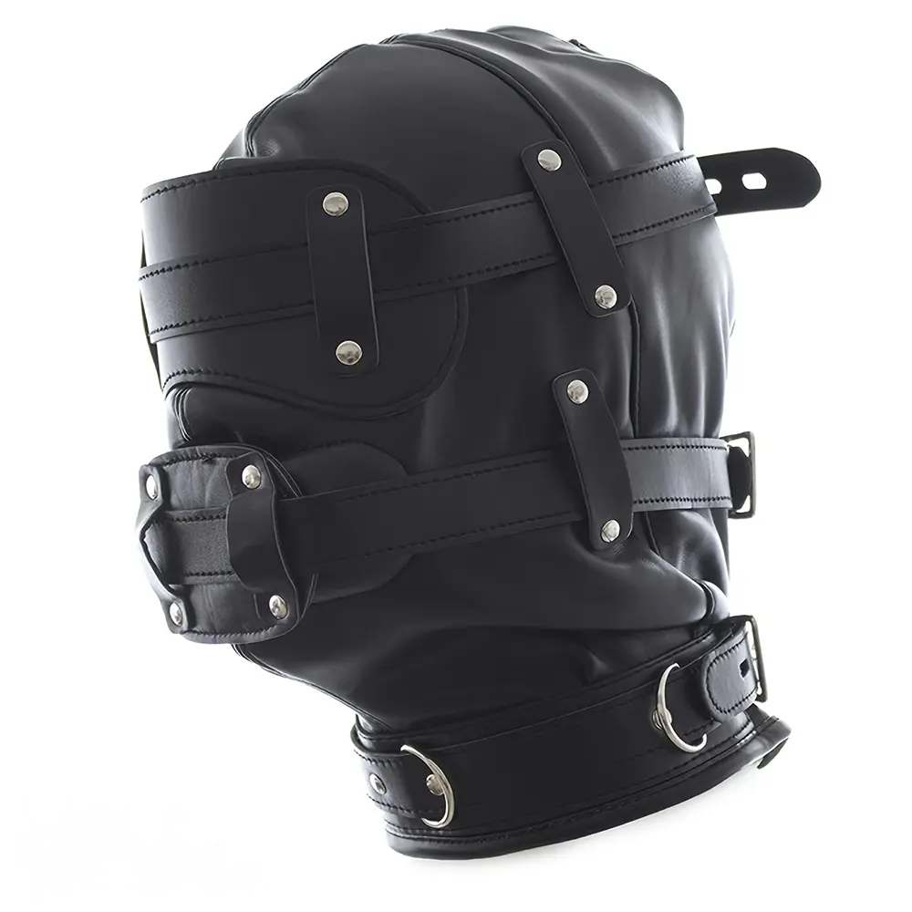 1.96in Black Leather BDSM Hood With Removable Blindfold Mouth Gag Dildo