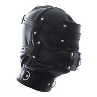1.96in Black Leather BDSM Hood With Removable Blindfold Mouth Gag Dildo