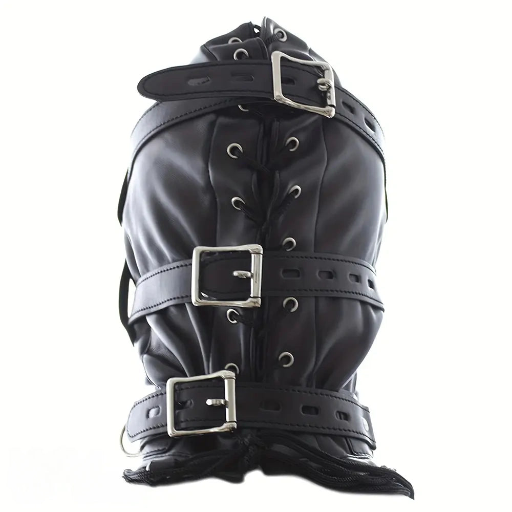 1.96in Black Leather BDSM Hood With Removable Blindfold Mouth Gag Dildo