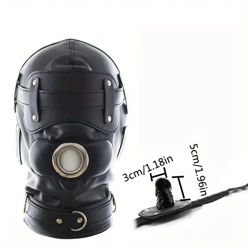 1.96in Black Leather BDSM Hood With Removable Blindfold Mouth Gag Dildo