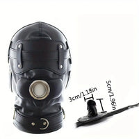 1.96in Black Leather BDSM Hood With Removable Blindfold Mouth Gag Dildo