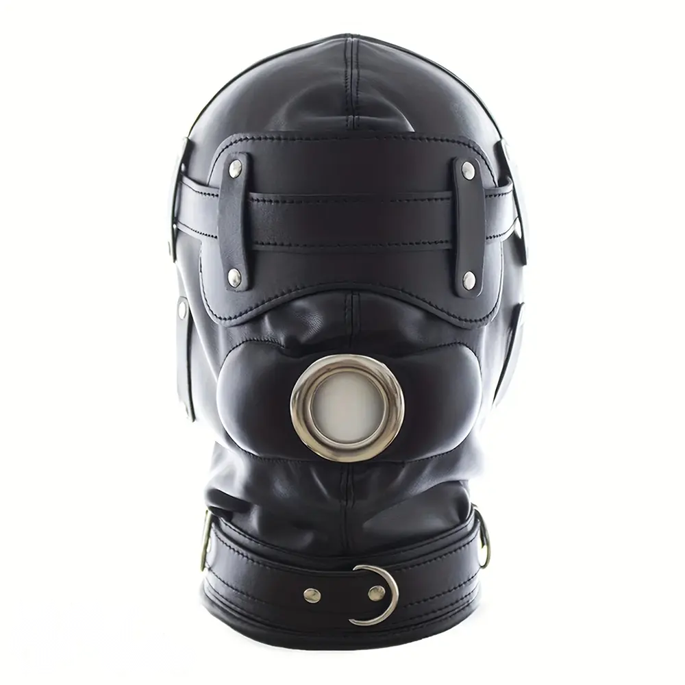 1.96in Black Leather BDSM Hood With Removable Blindfold Mouth Gag Dildo