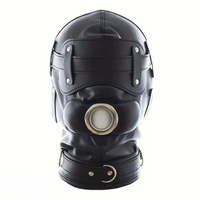 1.96in Black Leather BDSM Hood With Removable Blindfold Mouth Gag Dildo