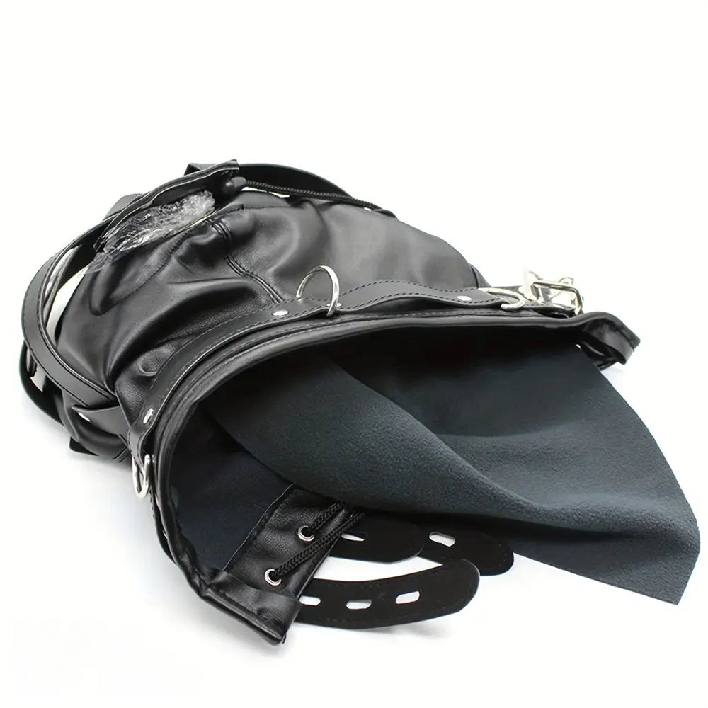 1.96in Black Leather BDSM Hood With Removable Blindfold Mouth Gag Dildo