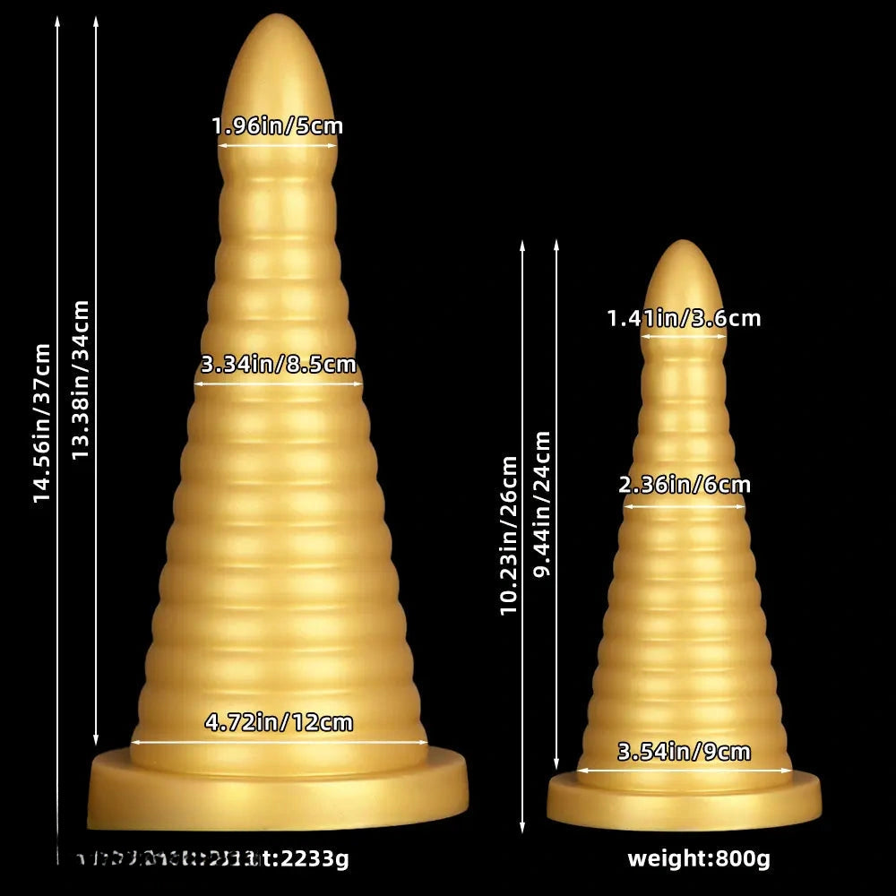 10.23in 14.56in Large Thread Gold Silicone Pagoda Thick Large Anal Plug Dildo