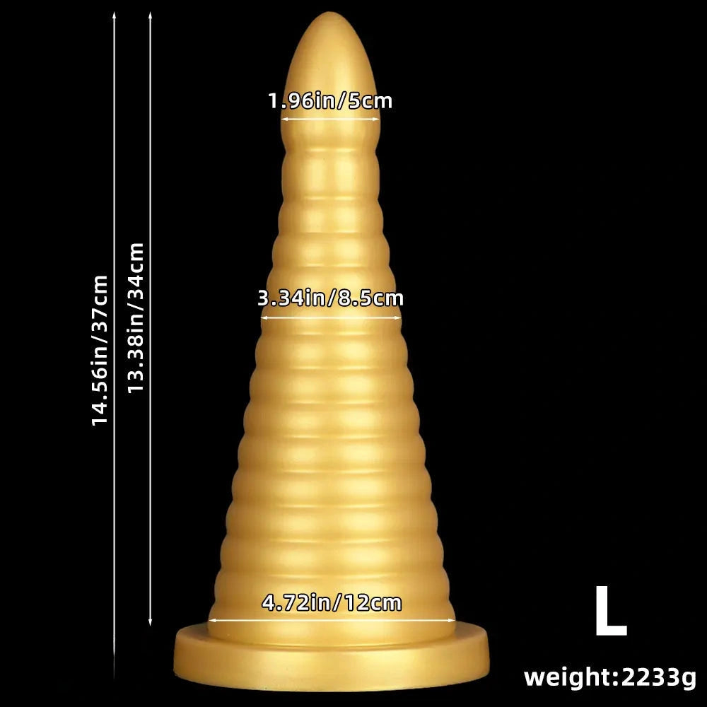 10.23in 14.56in Large Thread Gold Silicone Pagoda Thick Large Anal Plug Dildo