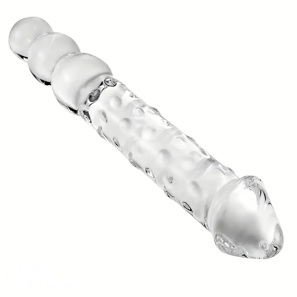11.81in Glass Clear Big Double Headed Spiked Dildo With Anal Beads