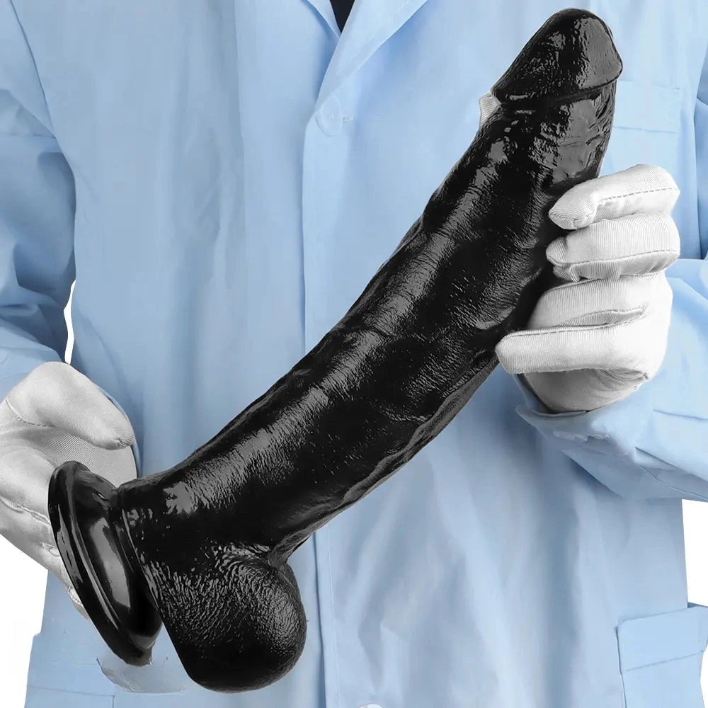 12.2in Big Black PVC Cock Dildo Suction Cup Hand-Free Play Gay Penis