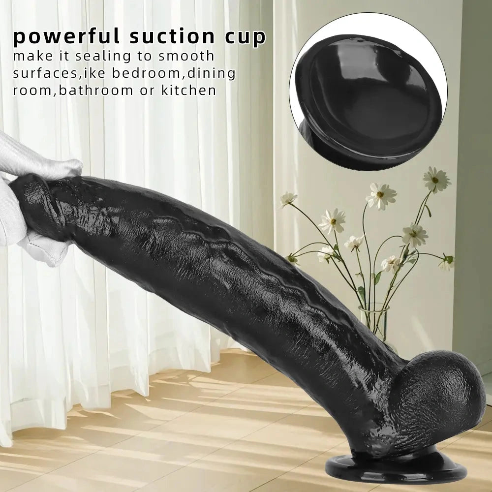 12.2in Big Black PVC Cock Dildo Suction Cup Hand-Free Play Gay Penis
