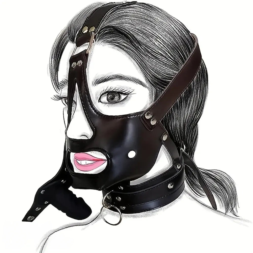 2.36in Mouth Gag Dildo Adjustable Faux Leather Head Cover Gag Muzzle Dildo