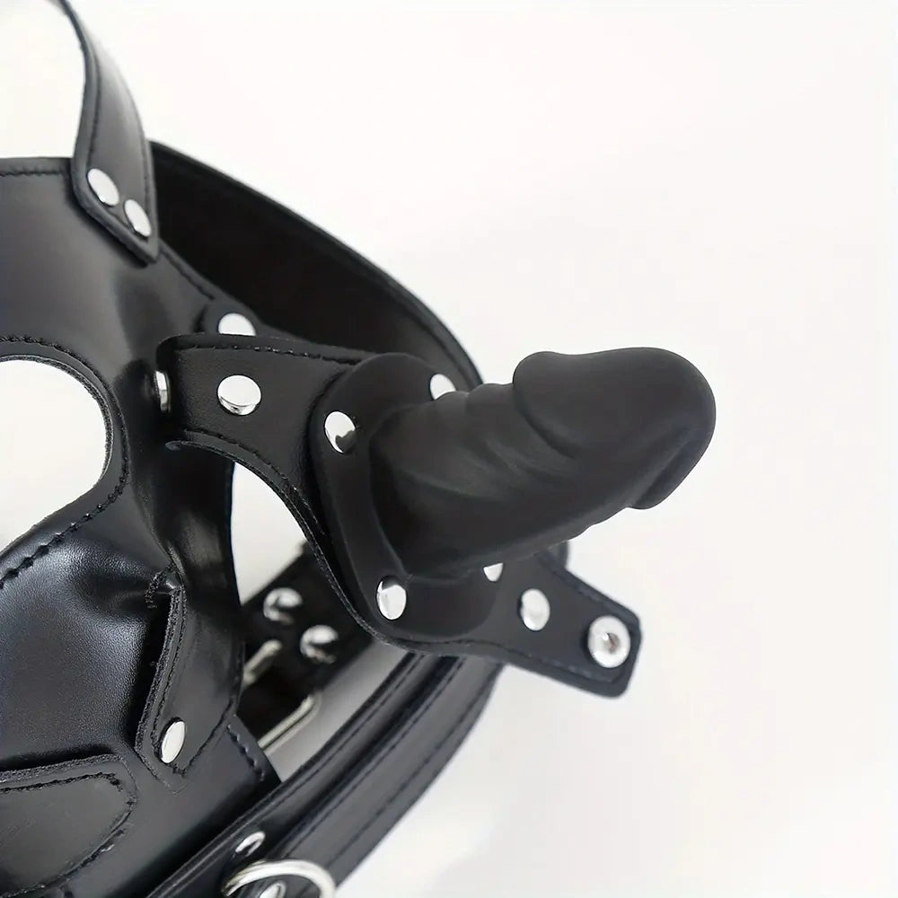 2.36in Mouth Gag Dildo Adjustable Faux Leather Head Cover Gag Muzzle Dildo