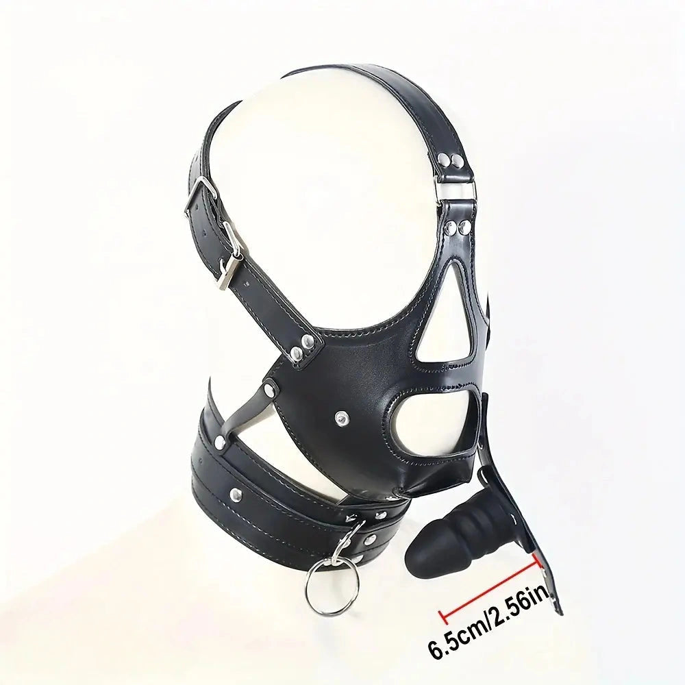 2.36in Mouth Gag Dildo Adjustable Faux Leather Head Cover Gag Muzzle Dildo