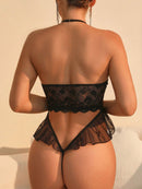 Transparenter Neckholder-Bodysuit aus Spitze mit offenem Schritt 