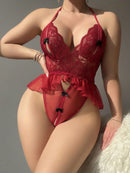 Transparenter Neckholder-Bodysuit aus Spitze mit offenem Schritt 