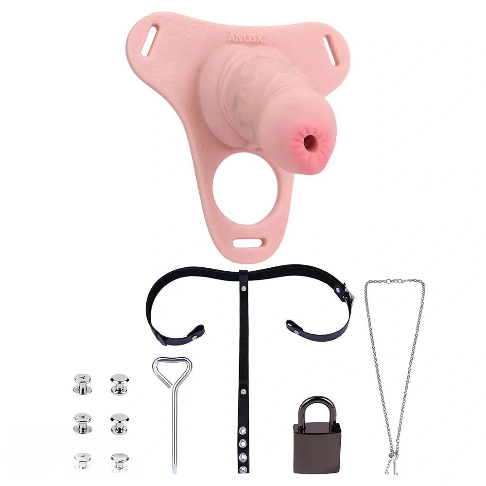 3.54in Silicone Soft Real Cock Cage Strap on Chastity Dildo With Lock
