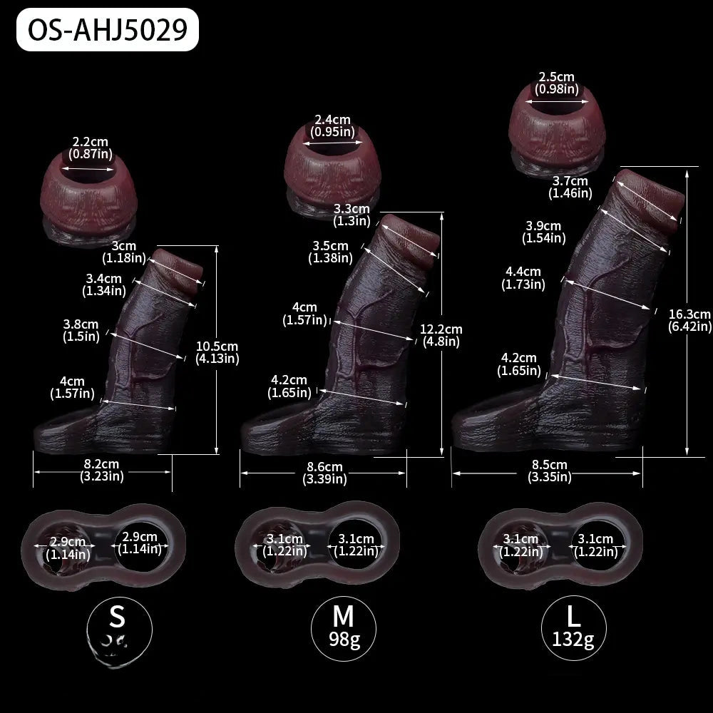 4.13in 4.8in 6.42in Real Skin Platinum Silicone Dildo Sleeve With Testicle Ring