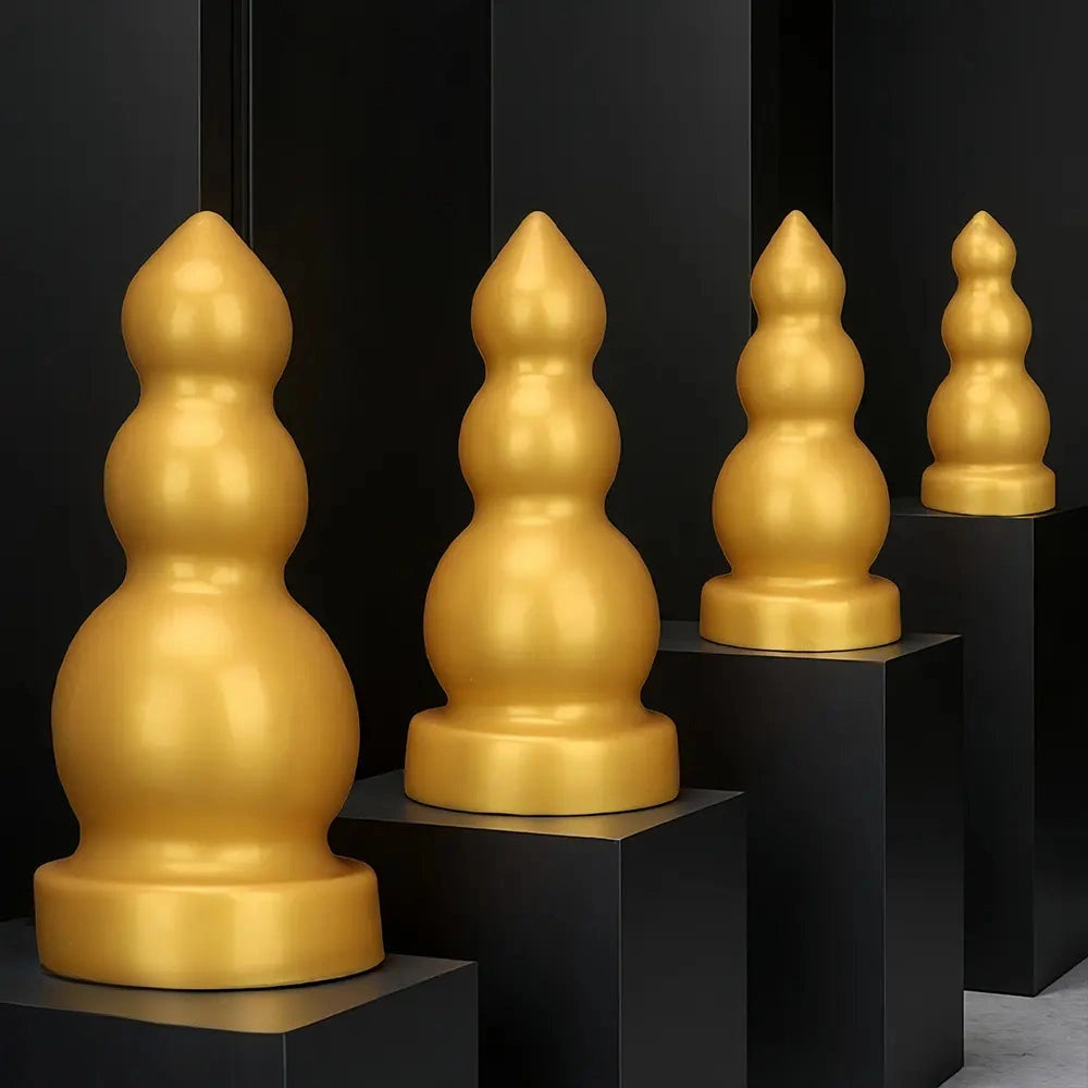 4.13in 5.91in 8.27in 10.63in Golden Silicone Gourd-shaped 3-beads Dildo
