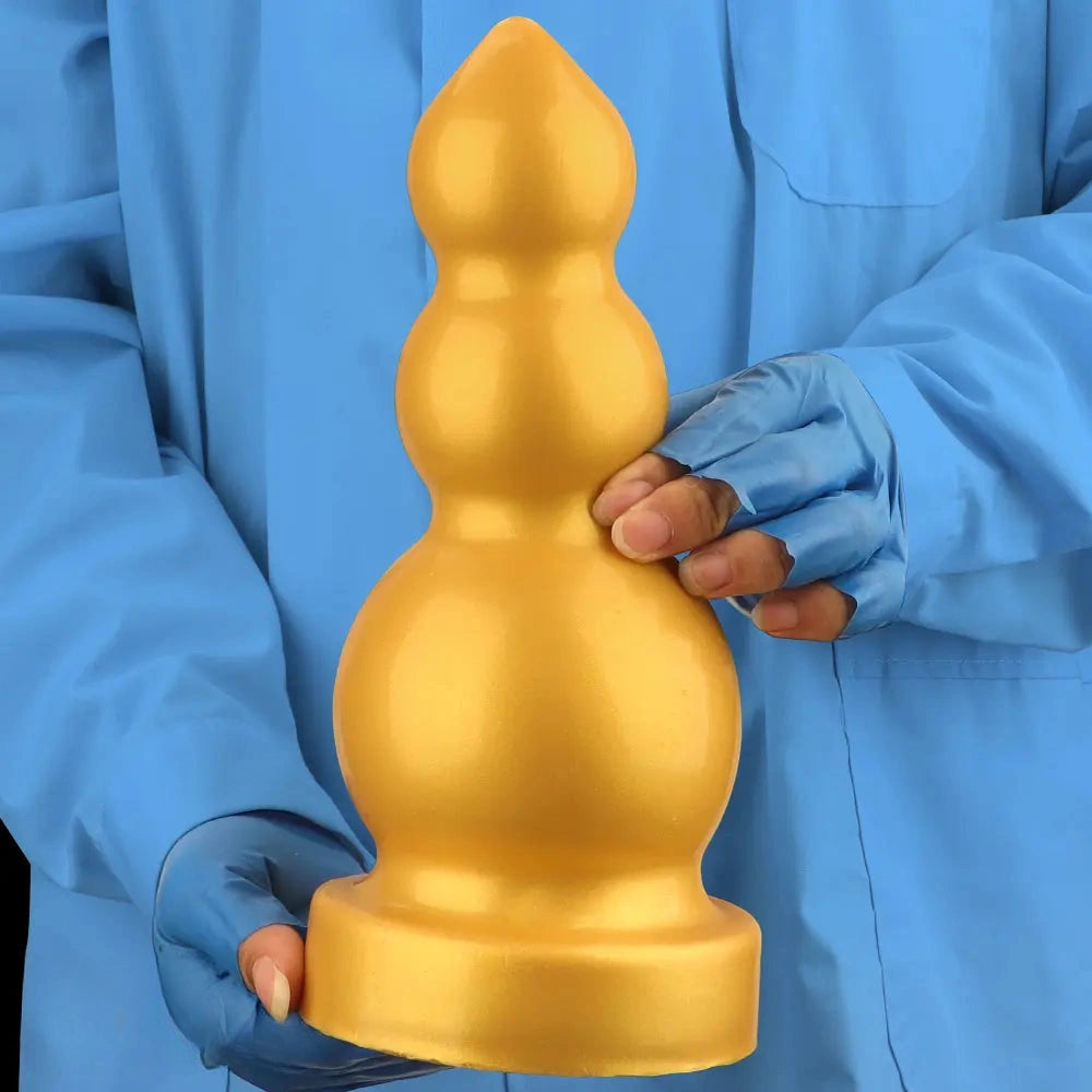4.13in 5.91in 8.27in 10.63in Golden Silicone Gourd-shaped 3-beads Dildo