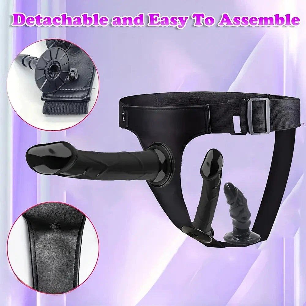 4.13in 5.9in 7.1in Three Detachable Realistic Strap on Dildos with Harness Belt