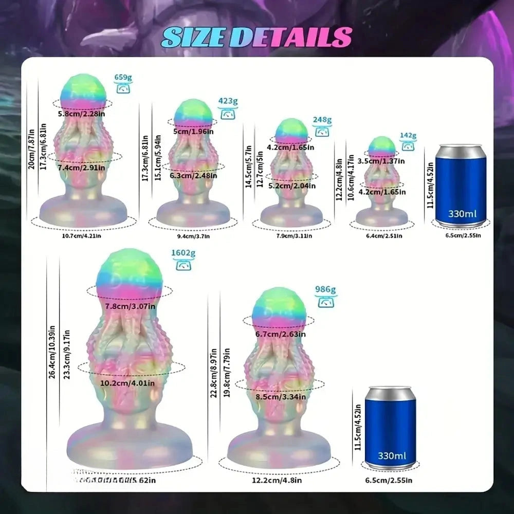 4.8in 5.7in 6.81in 7.87in 8.97in 10.39in Octopus Skull Silicone Glowing Dildo
