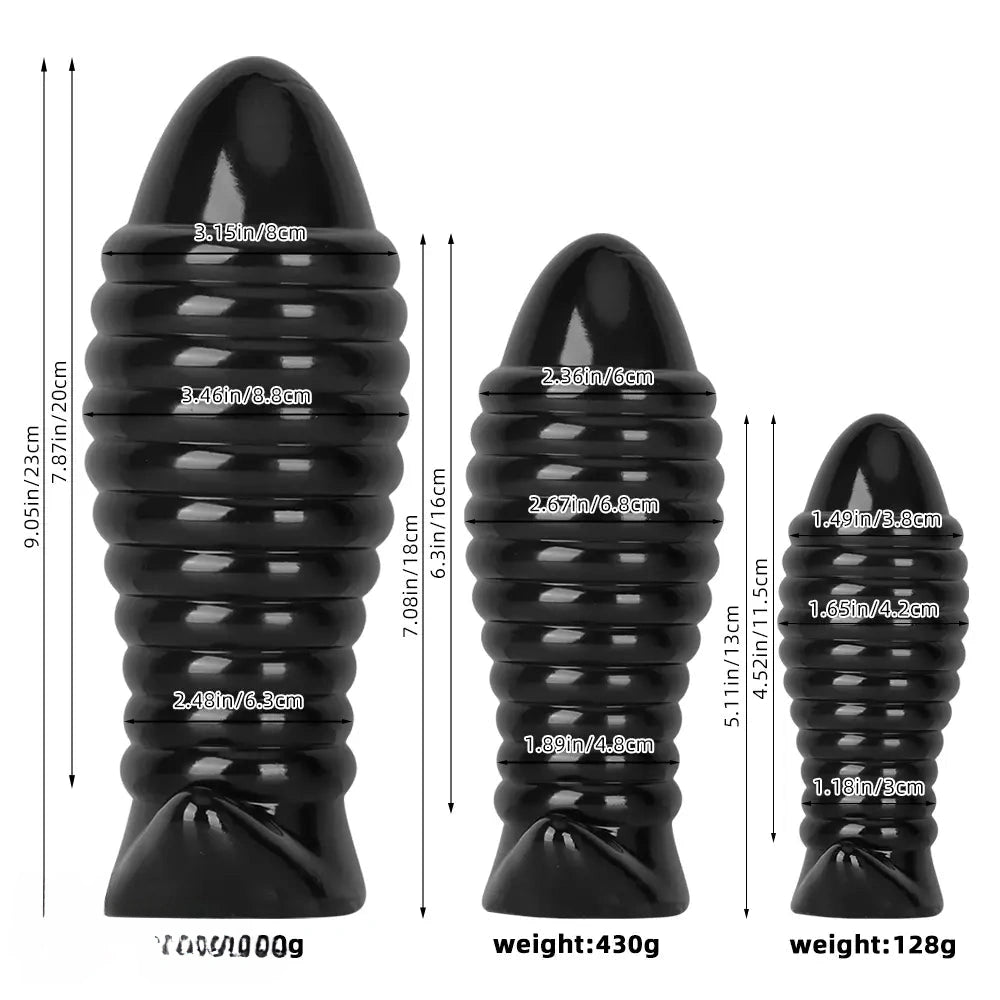 5.11in 7.08in 9.05in Dragon Egg Thread PVC Black Cock Big Butt Plug Dildo