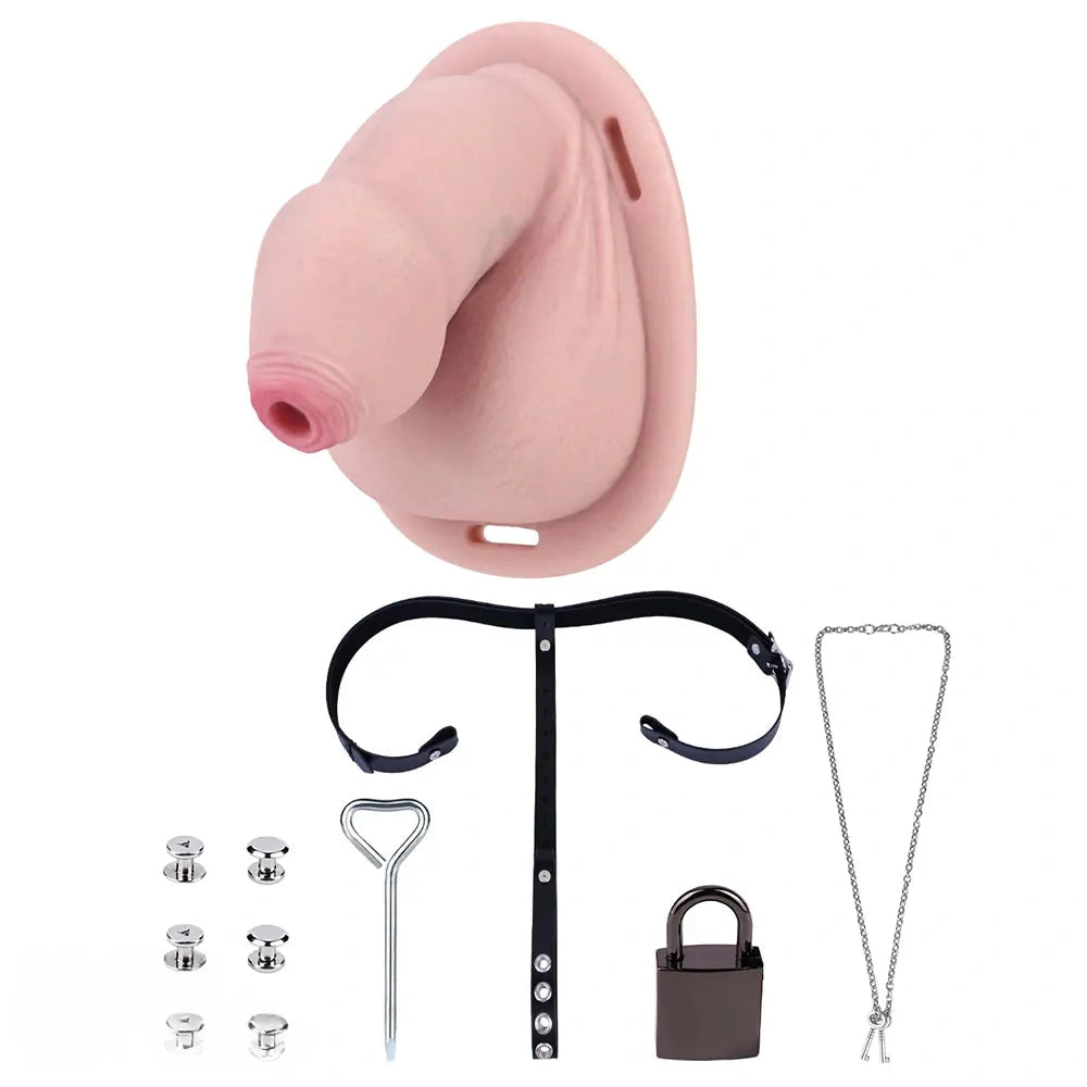 5.11in Real Hollow Chastity Cage Dildo Uncut Glans Female Masturbator