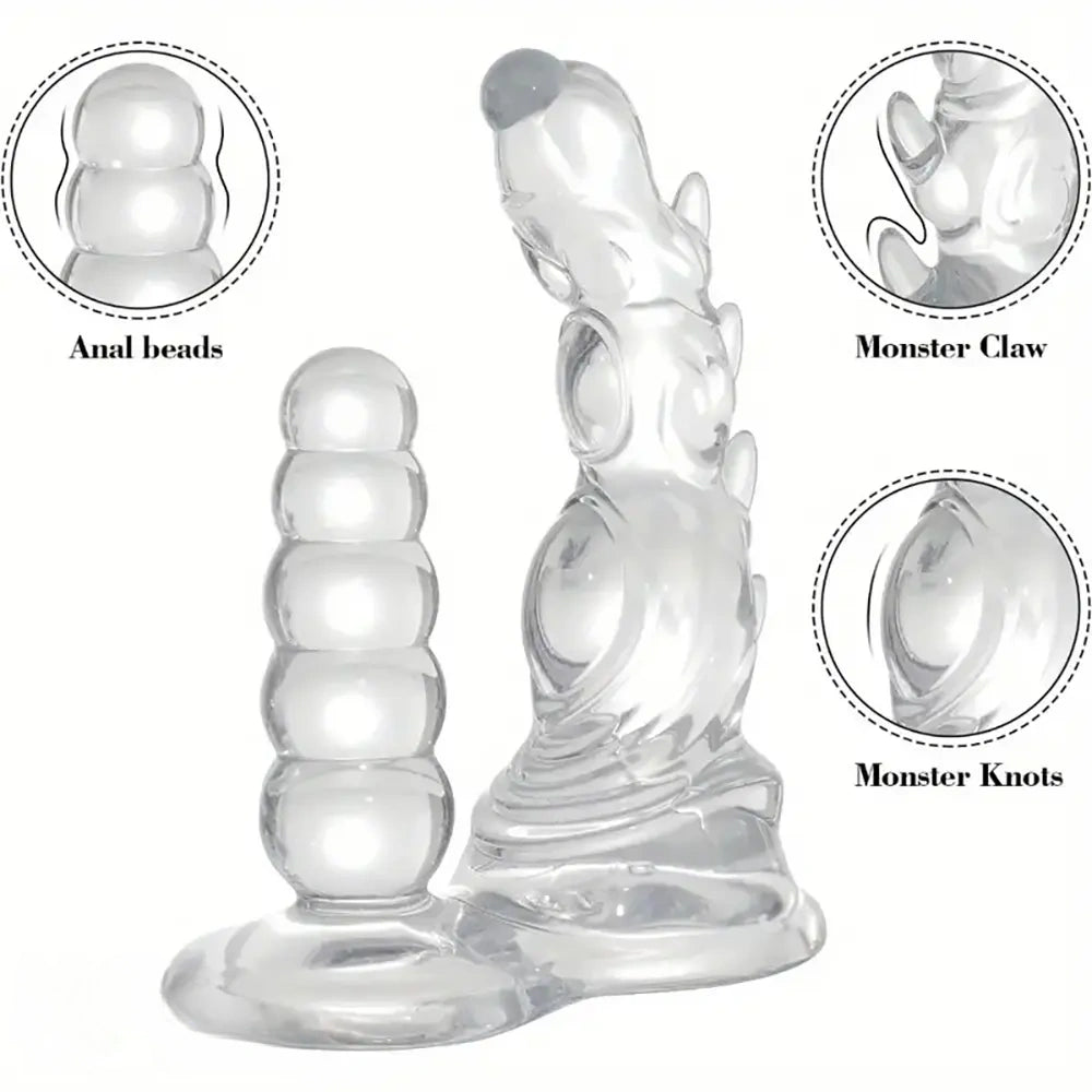 5.3in 7.48in TPE Dual Heads Clear Knot Monster Dildo With Anal Beads