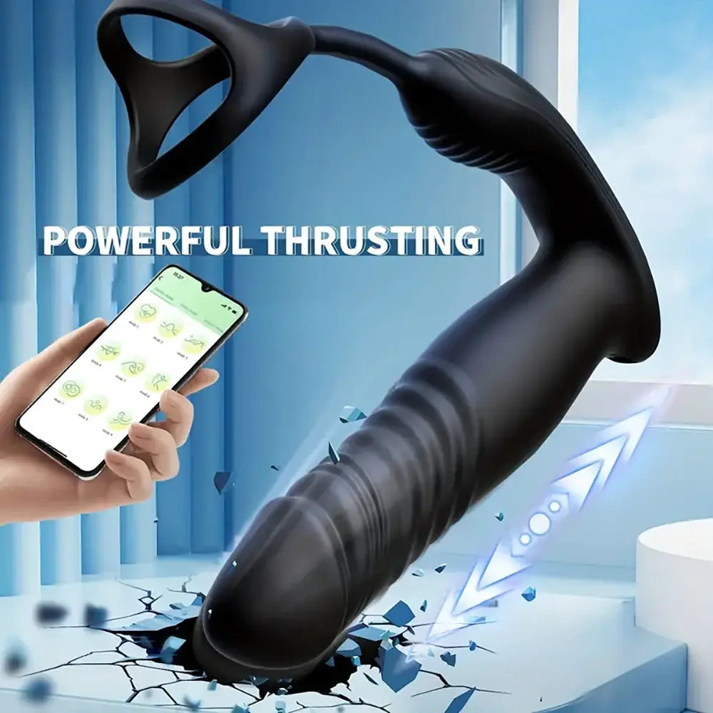 5.91in Black Auto Vibrating Thrusting APP Controlled Dildo With Cock Ring