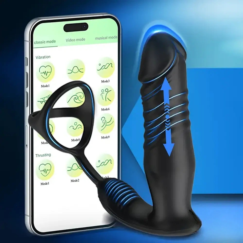 5.91in Black Auto Vibrating Thrusting APP Controlled Dildo With Cock Ring
