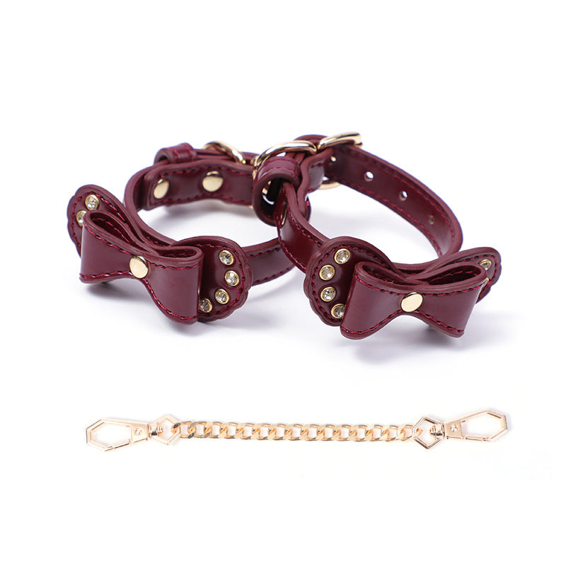 BDSM Rhinestone Bow - Shaped PU Leather SM Handcuffs With Chain