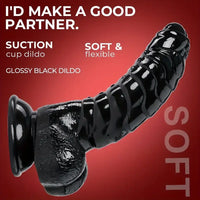 6.88in Glossy Black Monster Penis PVC Uncut Adult Toy Wave Texture