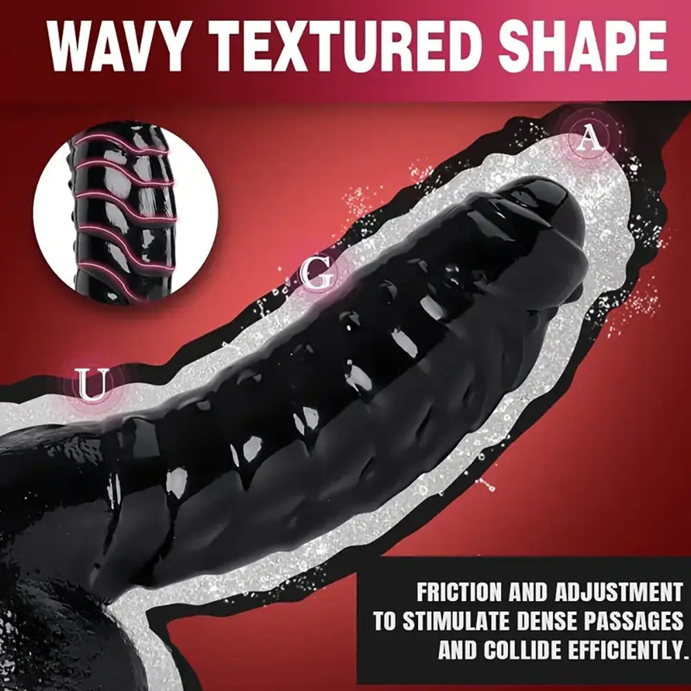 6.88in Glossy Black Monster Penis PVC Uncut Adult Toy Wave Texture