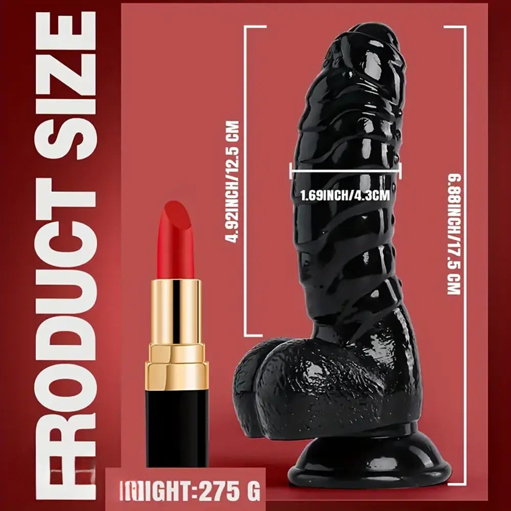 6.88in Glossy Black Monster Penis PVC Uncut Adult Toy Wave Texture