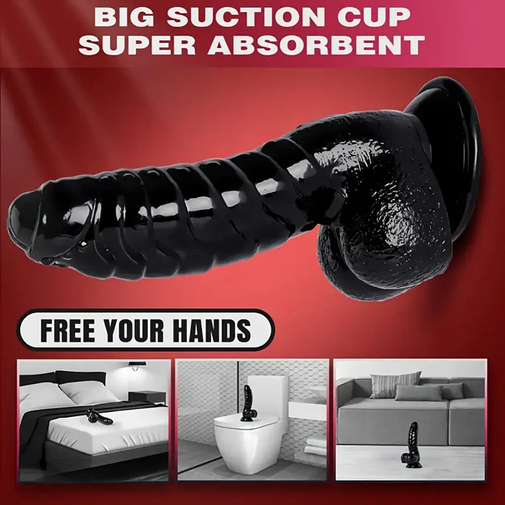 6.88in Glossy Black Monster Penis PVC Uncut Adult Toy Wave Texture