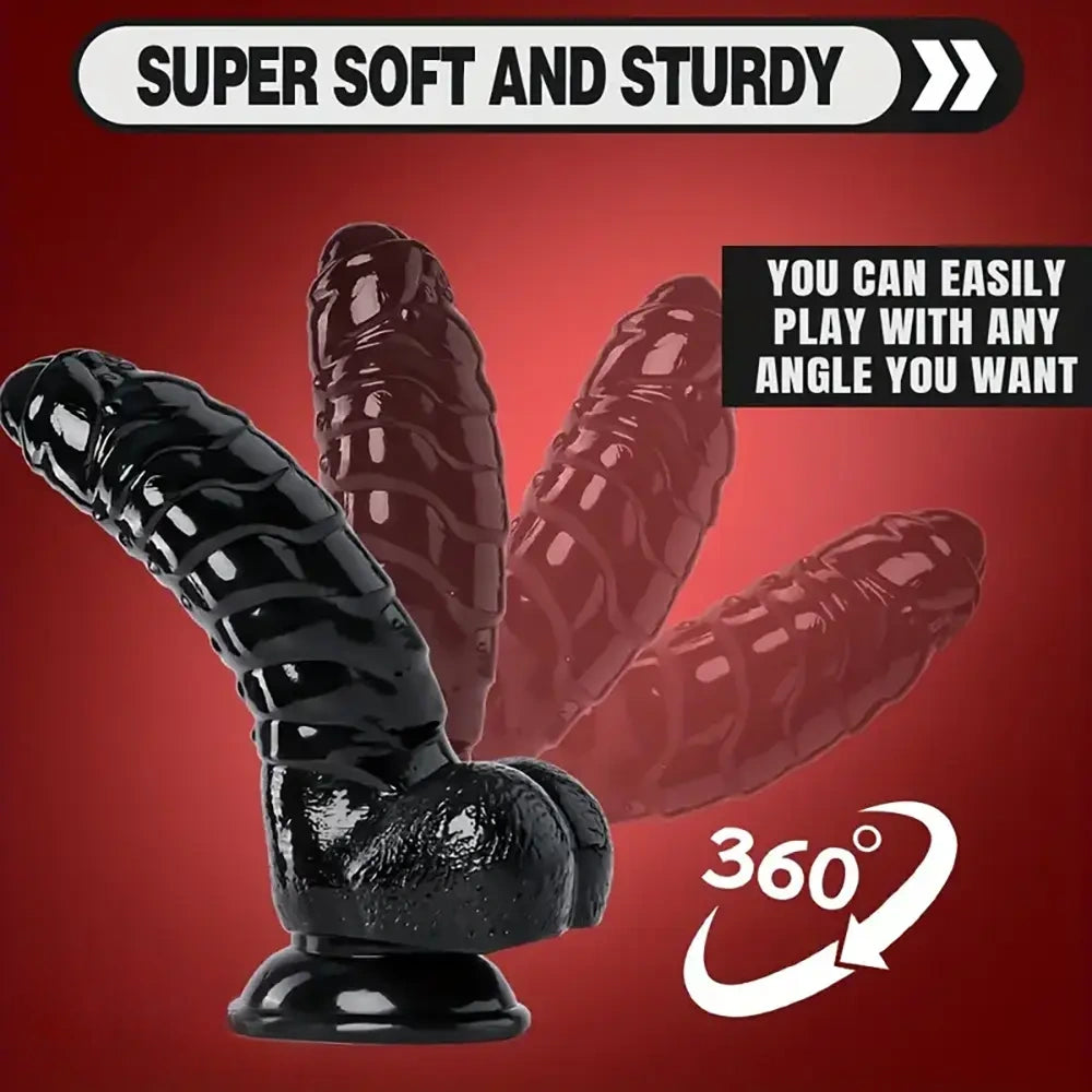 6.88in Glossy Black Monster Penis PVC Uncut Adult Toy Wave Texture