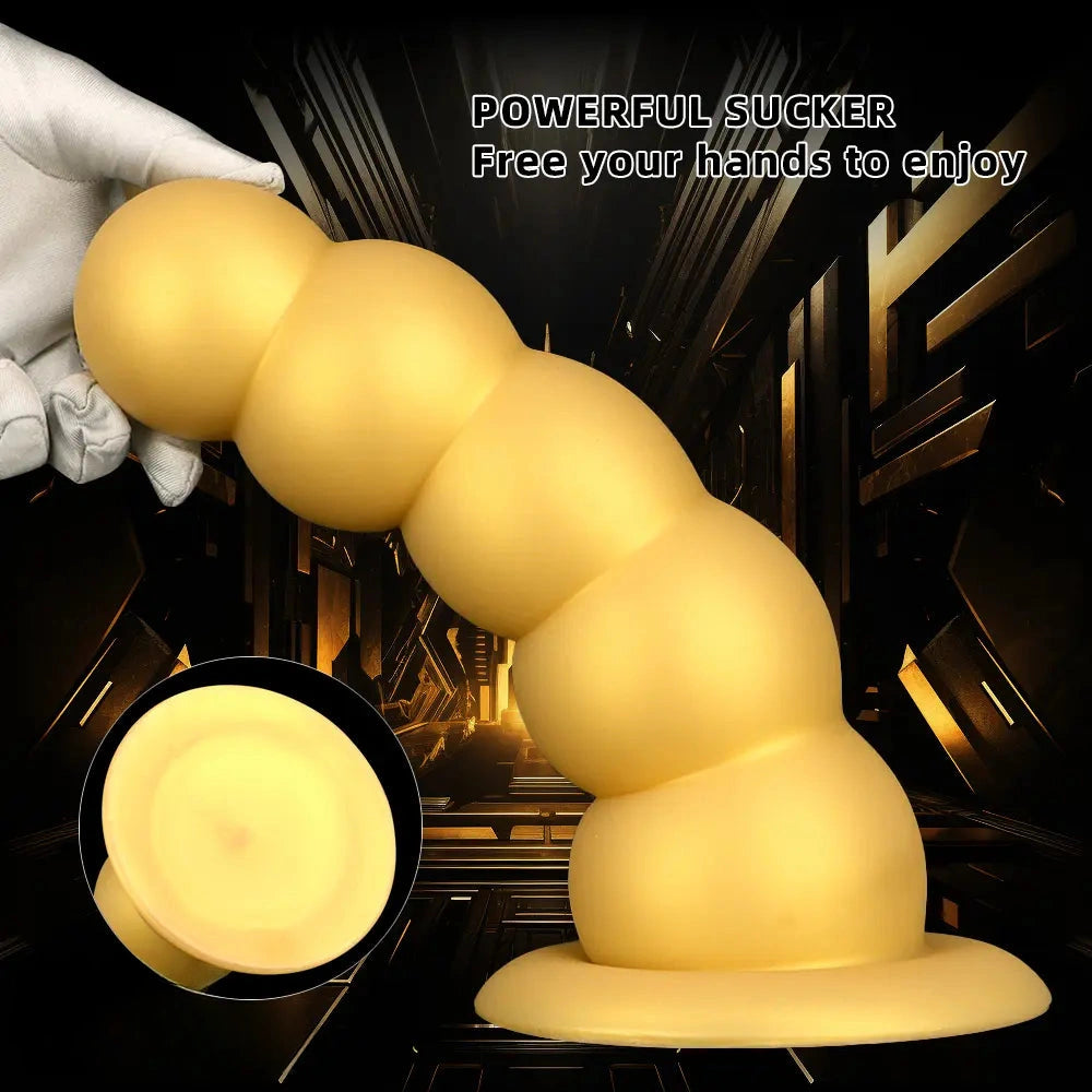 7.08in 9.05in 10.62in Gold Silicone Soft Five-Bead Pull-Bead Butt Plug Dildo