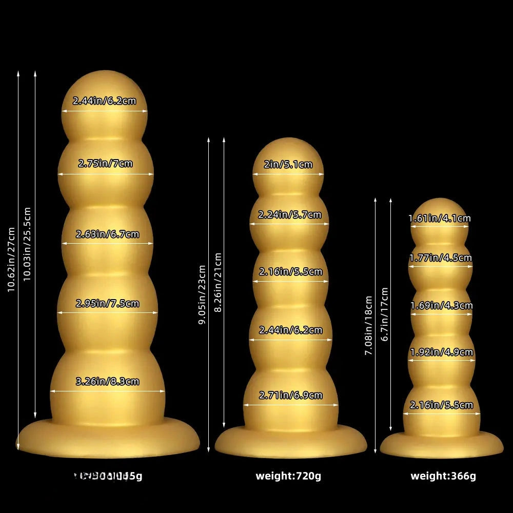 7.08in 9.05in 10.62in Gold Silicone Soft Five-Bead Pull-Bead Butt Plug Dildo